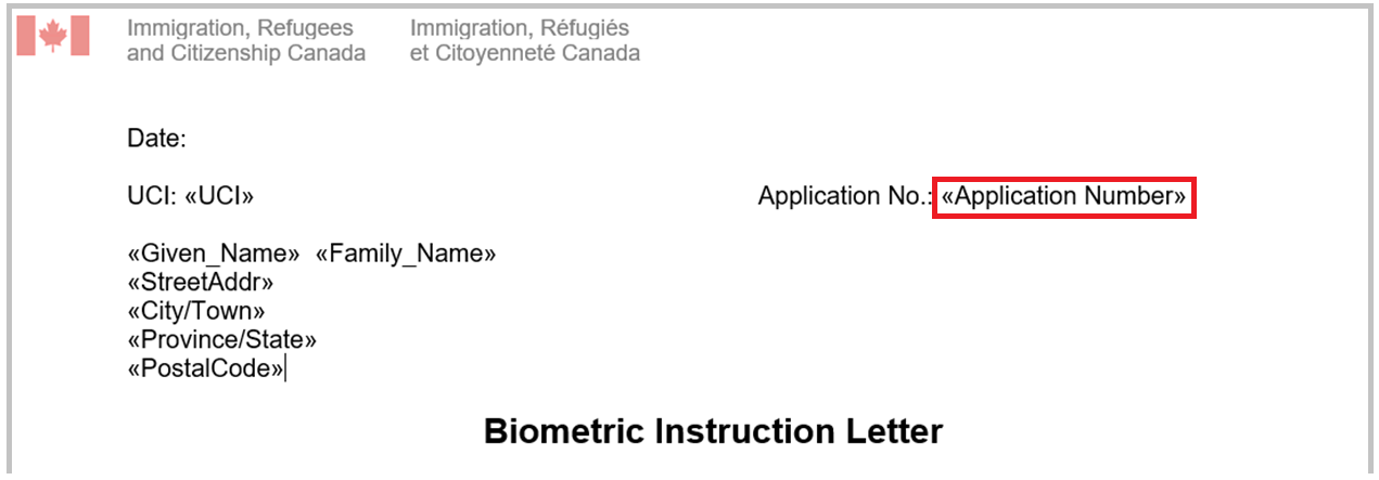 Biometric Instruction Letter with BIL Number circled